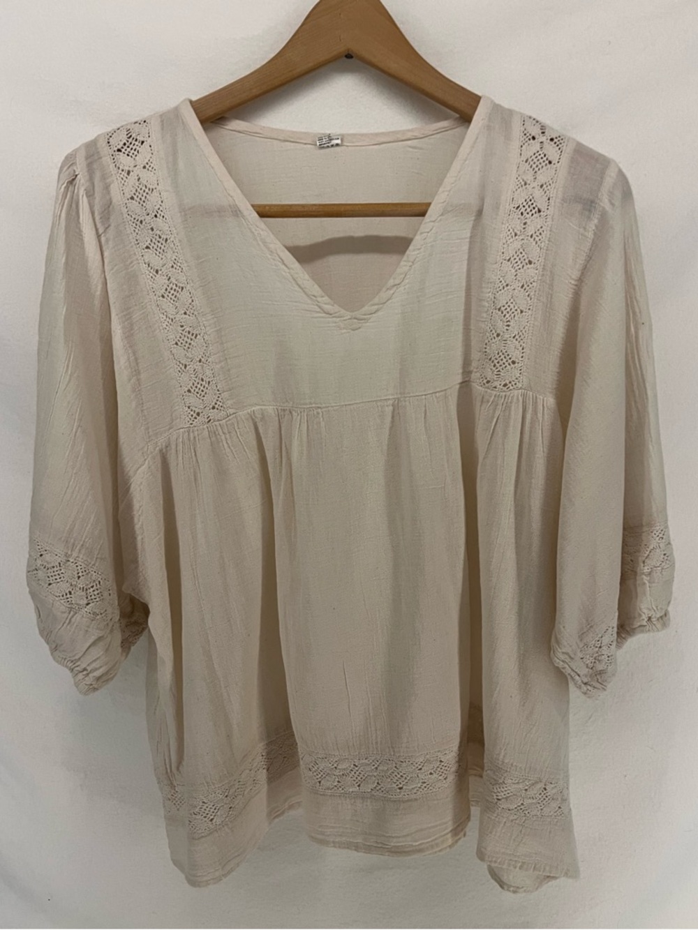 Women’s 100% Cotton Beige Boho Style Peasant Blouse Crochet Detail Size L